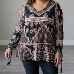 Maurices Boho Patchwork Tunic Top Peasant Ruffle Hem Whimsical Boho Cottagecore
